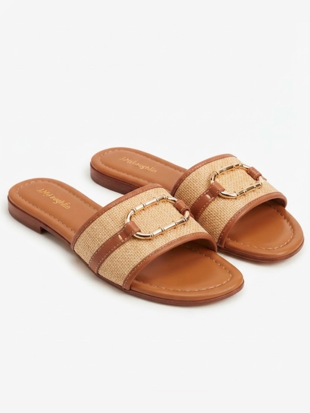 J.McLaughlin Cognac Brown Straw Raffia Bamboo Buckle Slide Sandals Size 8.5